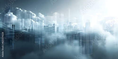 Futuristic cityscape with digital cloud overlay represents advanced technology in urban environment. Concept Technology, Urban Environment, Futuristic Cityscape, Digital Cloud Overlay