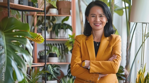 A confident Southeast Asian businesswoman in her late 40s, adorned in a vibrant business suit, stands in her contemporary, plant-filled office crossing her arms with a warm smile, looking into camera