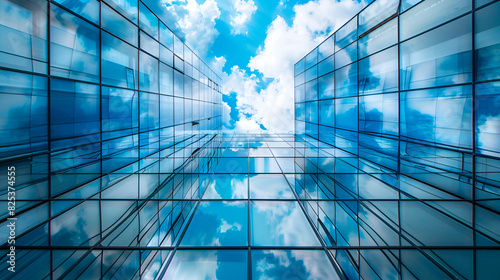 Modern Glass Skyscraper Reflecting Blue Sky and Clouds