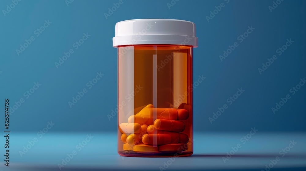 Prescription pill bottle filled with orange capsules on a blue background, representing healthcare and medication. Prescription pill bottle filled with orange capsules on a blue background, representing healthcare and medication.