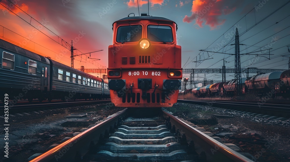 Obraz premium Front view of a locomotive with cinematic and professional photography style.