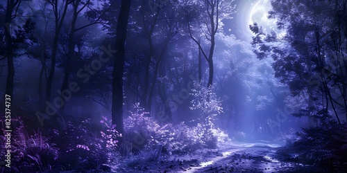 Moonlight filters through trees casting dappled glow on a forgotten forest path. Concept Nature, Moonlight, Forest Path, Dappled Glow, Forgotten Pathways photo