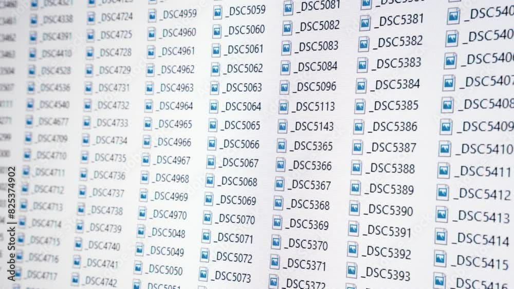 Large amount of image files on computer screen. Close up