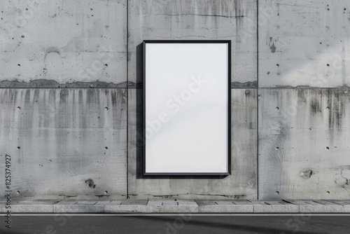 An angled shot of a vertical shop sign mockup mounted on a concrete wall, isolated on a solid background.