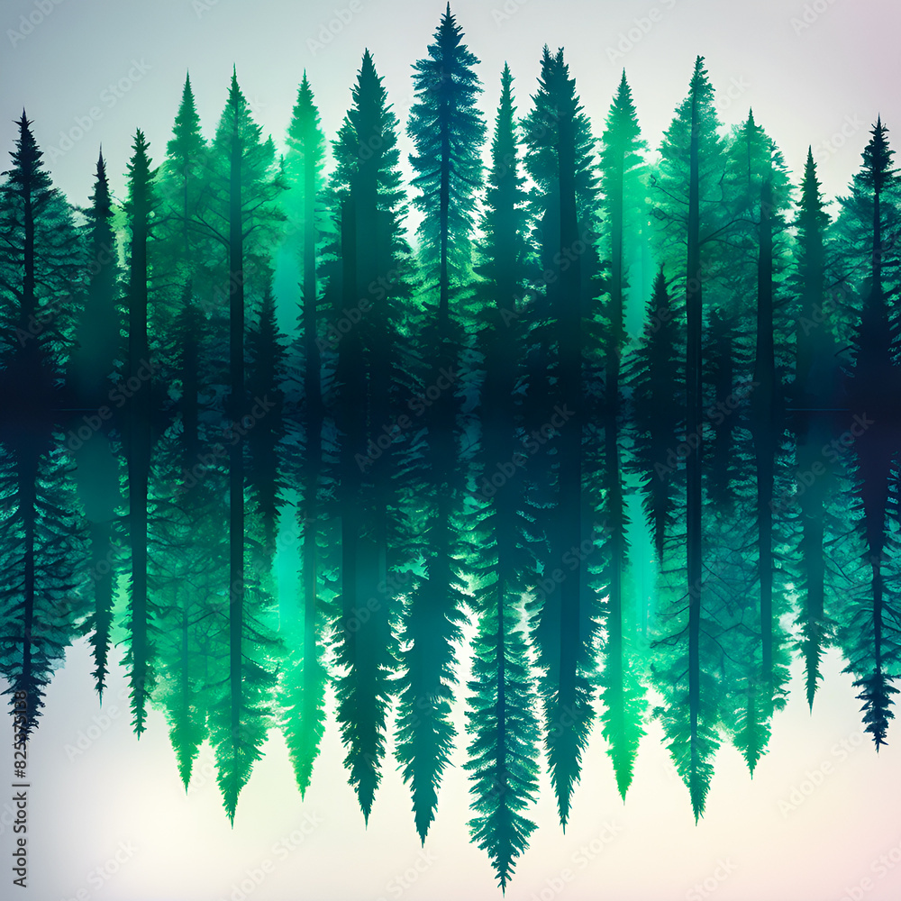 Landscape vector of symmetrical forest of pine trees reflecting on water, nature background illustration