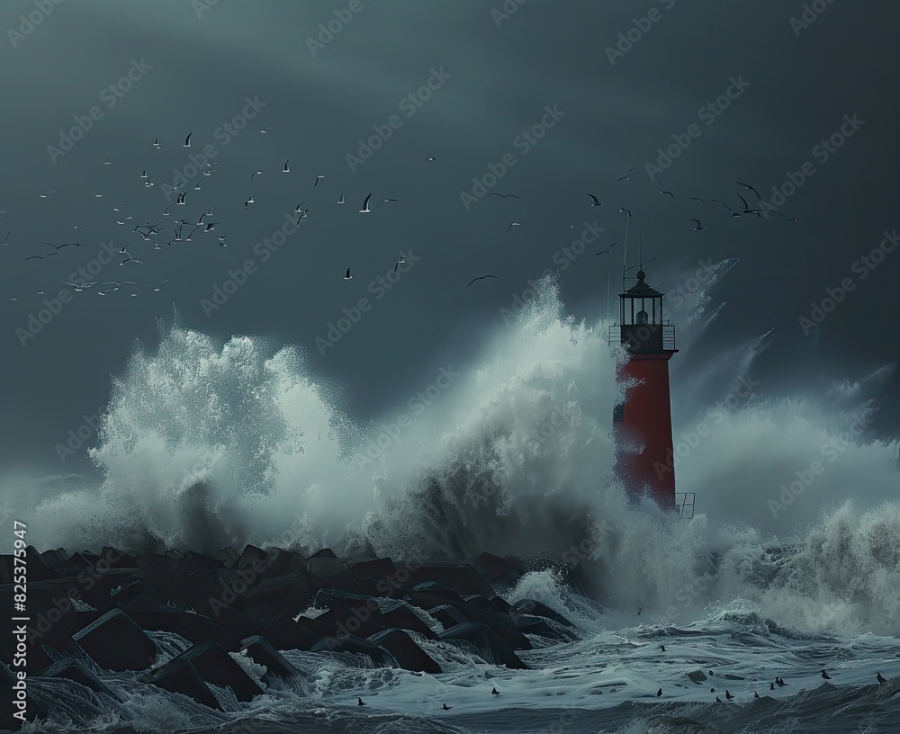 A dramatic scene of waves crashing against a red lighthouse during a stormy night, with birds flying in the background.