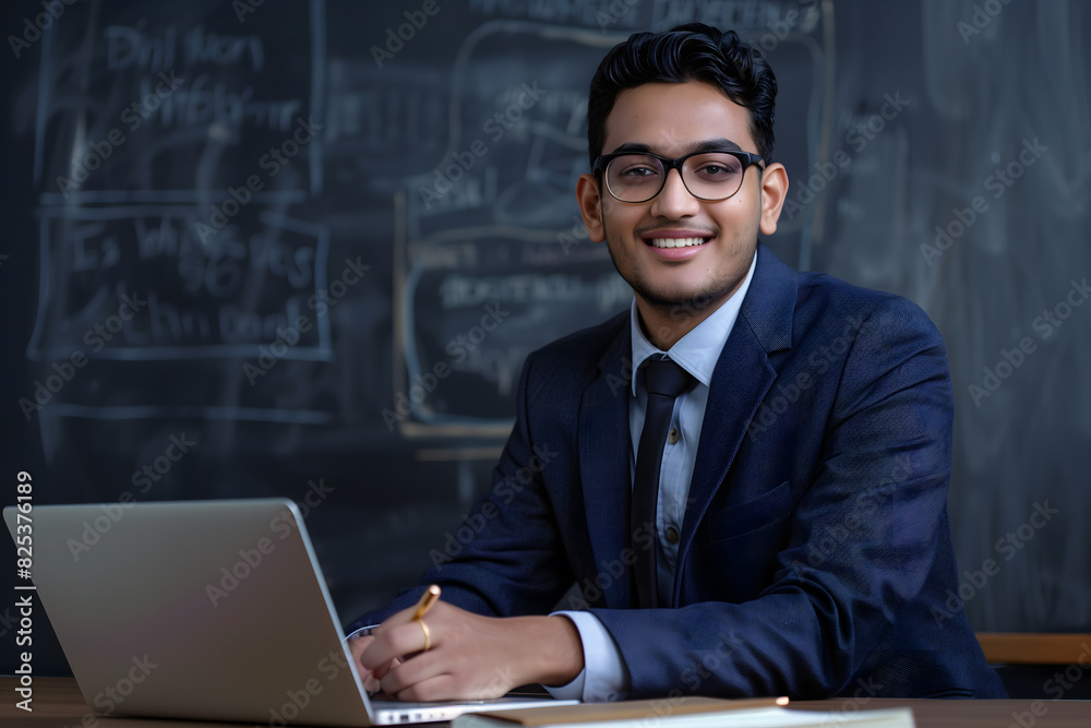 Handsome young Indian male teacher in a suit sitting at a desk with a laptop and notebook Handsome young Indian male teacher in a suit sitting at a desk with a laptop and notebook