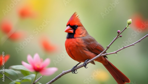 Close-up Northern Cardinal perching on branch,Bird Photography