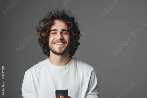 smiling man with curly hair texting on smartphone casual mobile communication portrait © Lucija