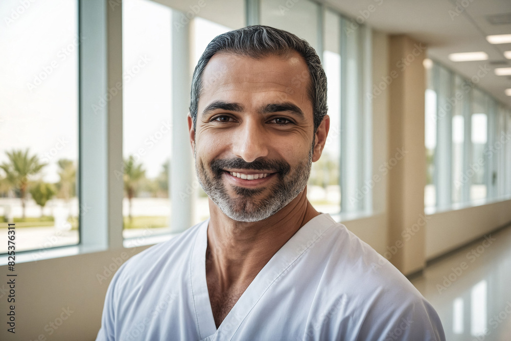 AI generated illustration of a happy successful middle age Arabian male nurse