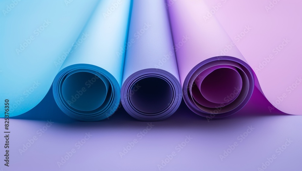 Close up of three blue and purple colored paper rolls on the right side laying flat, on a white background, with a gradient from light to dark blue in the background Generative AI Close up of three blue and purple colored paper rolls on the right side laying flat, on a white background, with a gradient from light to dark blue in the background Generative AI