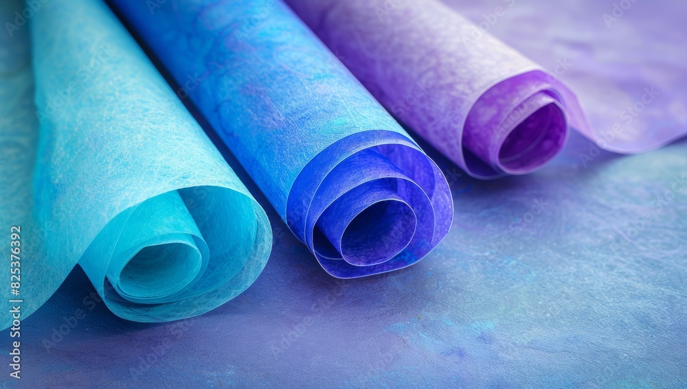 Close up of three rolls of blue and purple paper on the table, taken from a high angle view with a minimalistic background Generative AI Close up of three rolls of blue and purple paper on the table, taken from a high angle view with a minimalistic background Generative AI