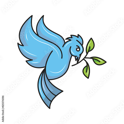 a dove bites a sprig of grass. solid color style.