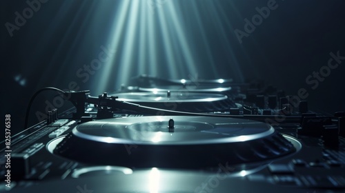 The spotlight shines down on the turntables highlighting the intricate movements and skills of the DJs. photo