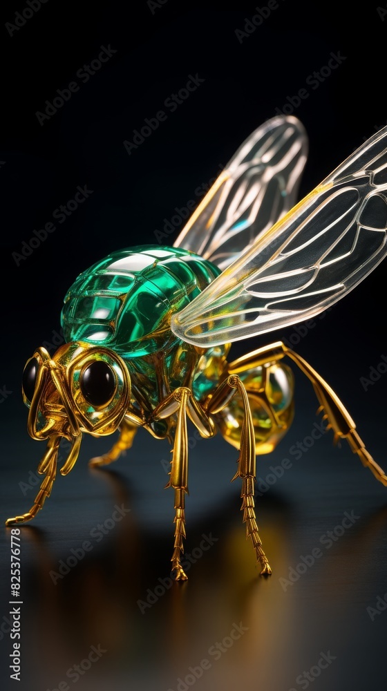 Fototapeta premium Close-up of a detailed and intricate metallic insect sculpture with emerald green and gold accents showcasing its craftsmanship and design with dark background 