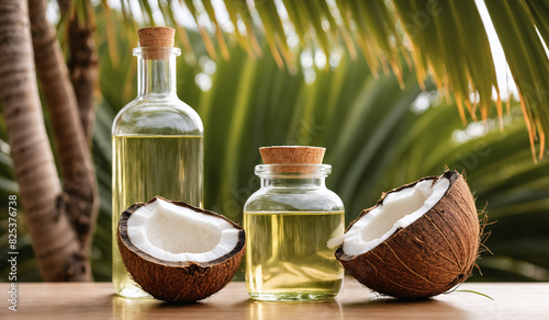 AI generated illustration of a jar and a bottle  of coconut oil with halved coconuts