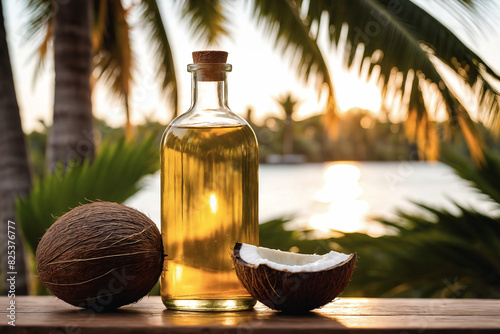 AI generated illustration of a bottle of coconut oil with halved coconuts against palm trees