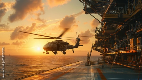 A helicopter hovers close to landing on an offshore oil rig platform during a beautiful sunset over the ocean. photo