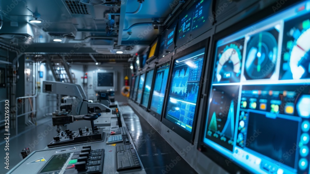 Control room on a naval vessel with multiple monitors showing data and graphs. It is nighttime, and the environment is illuminated by screen lights. Control room on a naval vessel with multiple monitors showing data and graphs. It is nighttime, and the environment is illuminated by screen lights.
