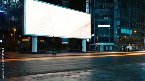 A large blank billboard in the center of an empty city square at night, illuminated by soft white light. Minimalist and modern atmosphere blank white advertising billboard mockup.
