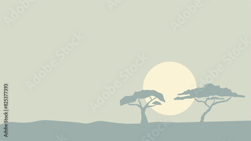 savanna in Kenya, Africa with acacia and sunset vector illustration 