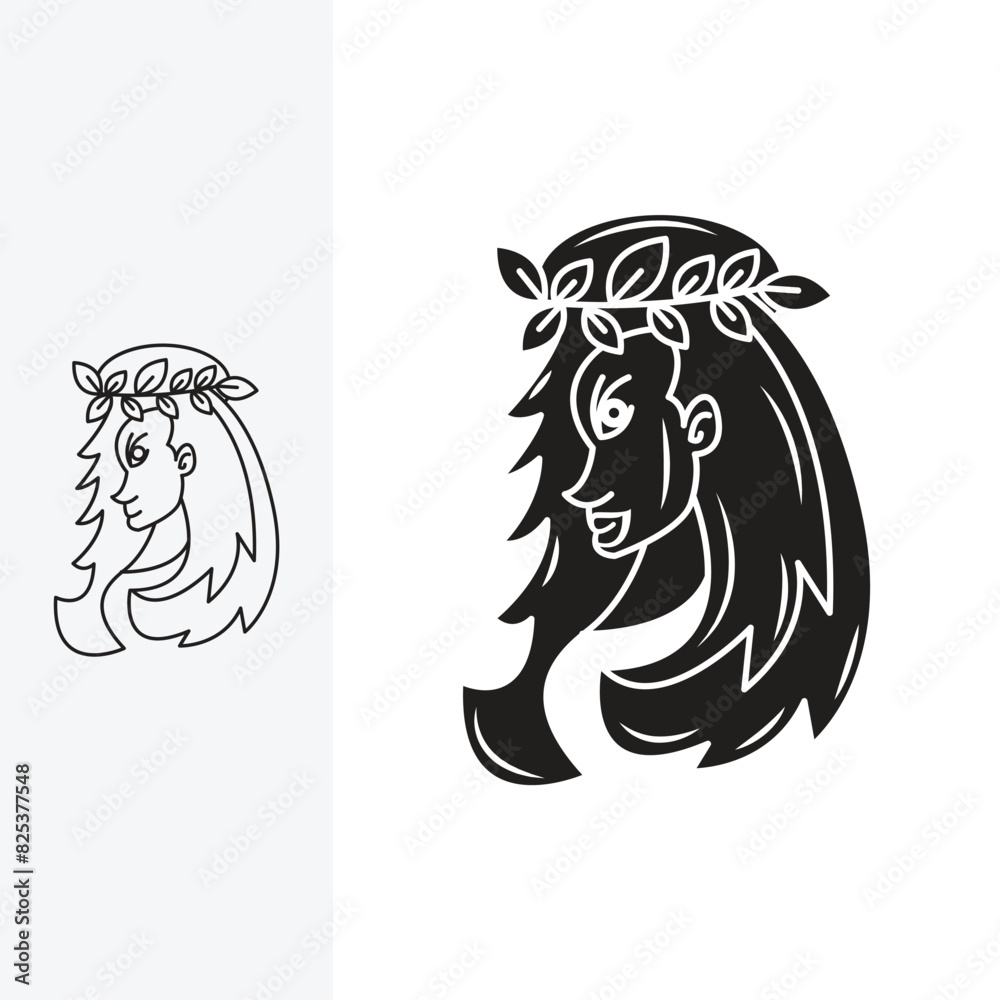 Fototapeta premium illustration of a beautiful woman wearing a headband made from a series of leaves, logo design template sign. monoline style and silhouette stylish.