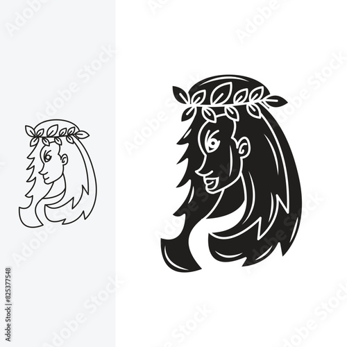 illustration of a beautiful woman wearing a headband made from a series of leaves, logo design template sign. monoline style and silhouette stylish.