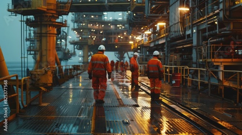 Workers wearing safety gear walk along the wet deck of an offshore oil rig during the evening, illuminated by lights.