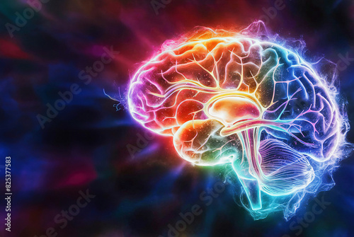 A brightly coloured Al representation of the human brain concept with copy space