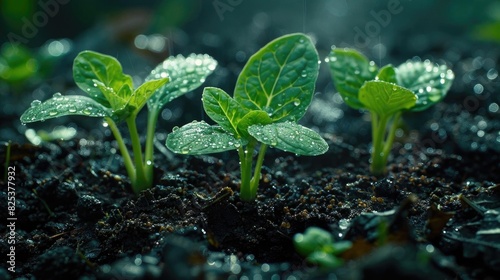 Close-up of green seedlings sprouting in soil with water droplets, symbolizing new growth, nature, and agriculture in a fresh, natural setting.