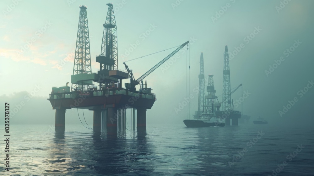 Offshore oil rigs are seen during early morning fog, with cranes engaged in drilling activities on calm waters.