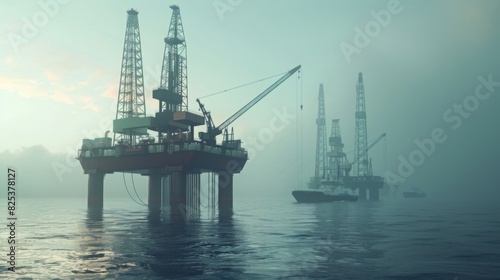 Offshore oil rigs are seen during early morning fog, with cranes engaged in drilling activities on calm waters. photo