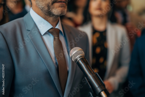 business man at a press conference with microphones close-up, a man gives an interview in front of people, a man in a business suit at a press conference, generative ai