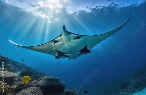 underwater view of a manta ray gliding gracefully photo