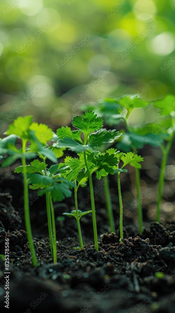 Close-up shot of young green seedlings growing in dark, nutrient-rich soil with blurred background, symbolizing growth and nature. Close-up shot of young green seedlings growing in dark, nutrient-rich soil with blurred background, symbolizing growth and nature.