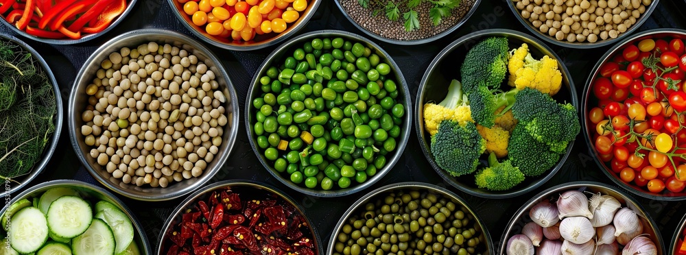 a pov shot looking down of a A variety of healthy foods, including different types of vegetables, are grouped together in bowls on a black table.
