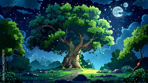 tree with green leaves stand in the center of the enchanting forest under the moonlight. Seamless looping 4k time-lapse video animation bac photo