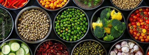 a pov shot looking down of a A variety of healthy foods, including different types of vegetables, are grouped together in bowls on a black table. photo