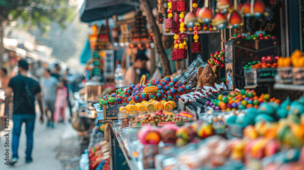 Fototapeta premium closeup photograph of street vendors selling Eidthemed merchandise and souvenirs adding to the festive spirit of the occasion