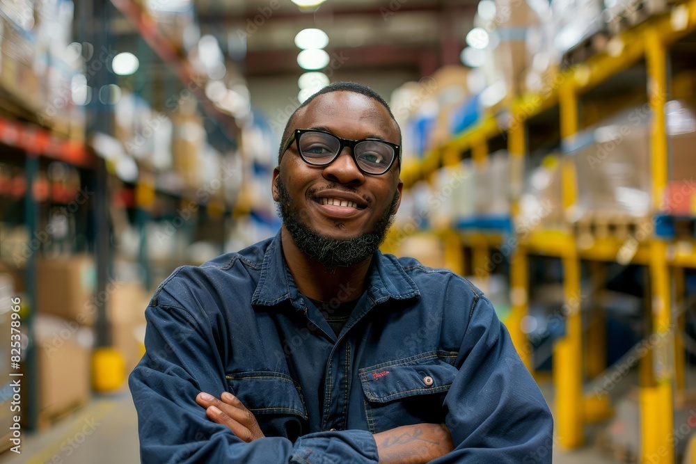 smiling warehouse worker posing for portrait in industrial workplace