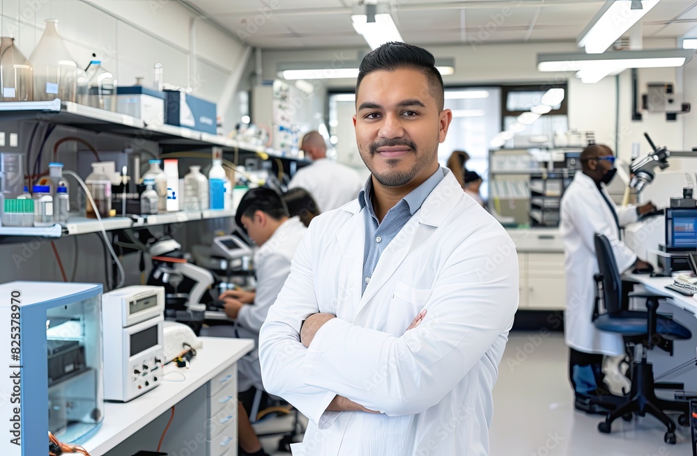 A proud Latino man, clad in a lab coat, stands with confidence in a high-tech research facility. Behind him, scientists diligently work on futuristic equipment. With a confident smile and arms crossed