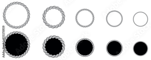 Set of braided rope frames in circle, oval shape. Isolated on transparent background.