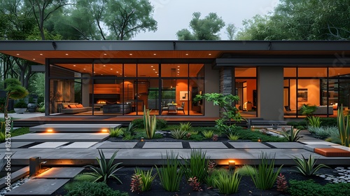 a modern home exterior characterized by clean lines and a monochromatic color palette, accented by front yard landscaping that infuses bursts of color and texture © Ai Artist