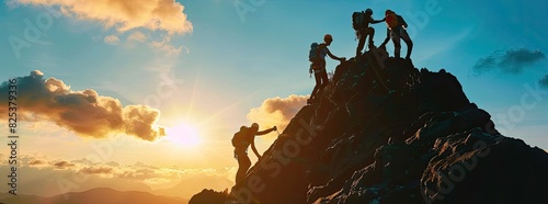 A silhouette of a team helping each other reach the top of a mountain, symbolizing success and teamwork in mountain climbing, adding depth to the scene when viewed from a low angle