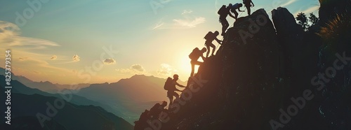 A silhouette of a team helping each other reach the top of a mountain, symbolizing success and teamwork in mountain climbing, adding depth to the scene when viewed from a low angle