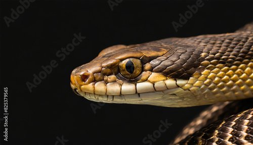 Brown snake isolated on plain black background with copy space.