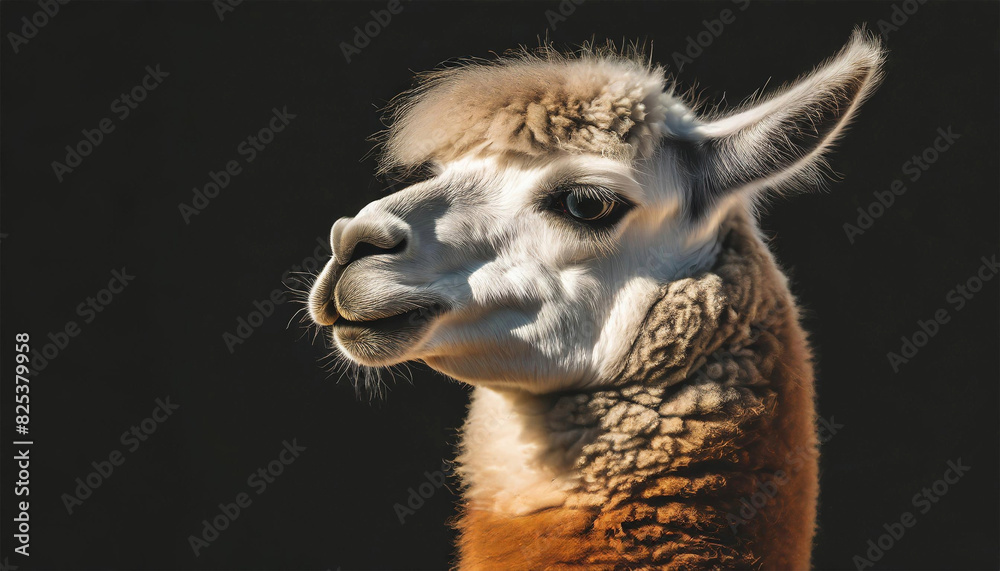 Llama isolated on plain black background with copy space.