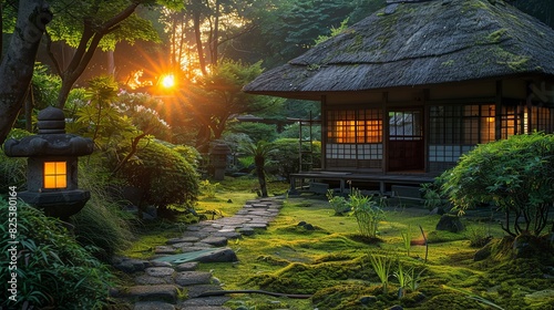 Peaceful Japanese garden with a traditional tea house  lush greenery  moss-covered path  and lanterns illuminated at sunrise.