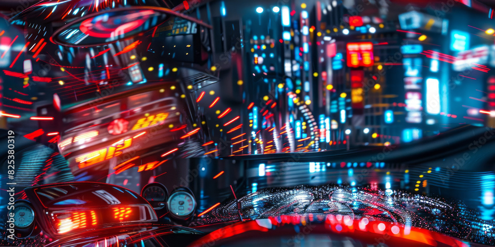 inside view from sports car cockpit, digital instruments dashboard, outside a vast neon generative ai