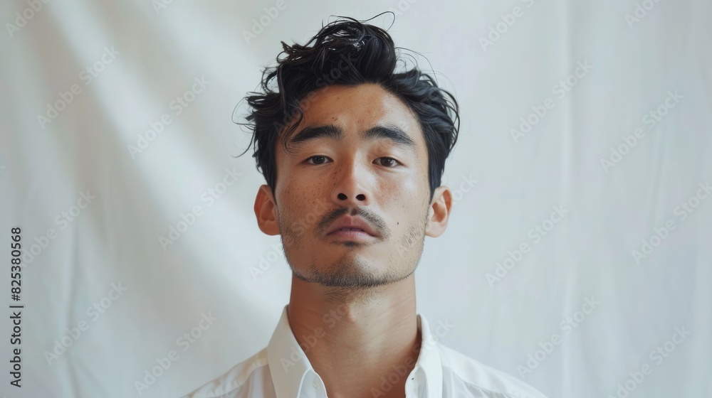 Obraz premium Quiet Asian man posing against a white backdrop